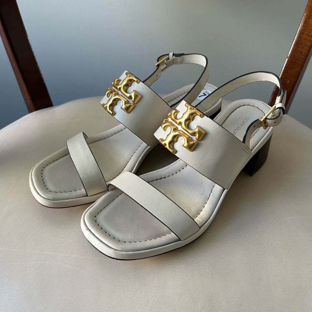 Tory Burch cream chunky style logo leather heels
